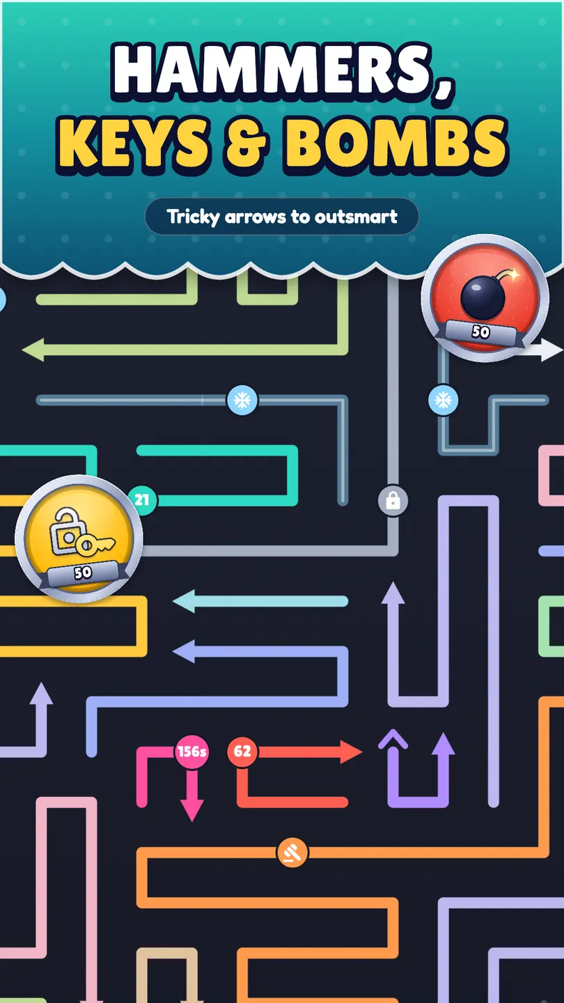 Arrow Rush: hammers, keys and bombs, tricky arrows to outsmart