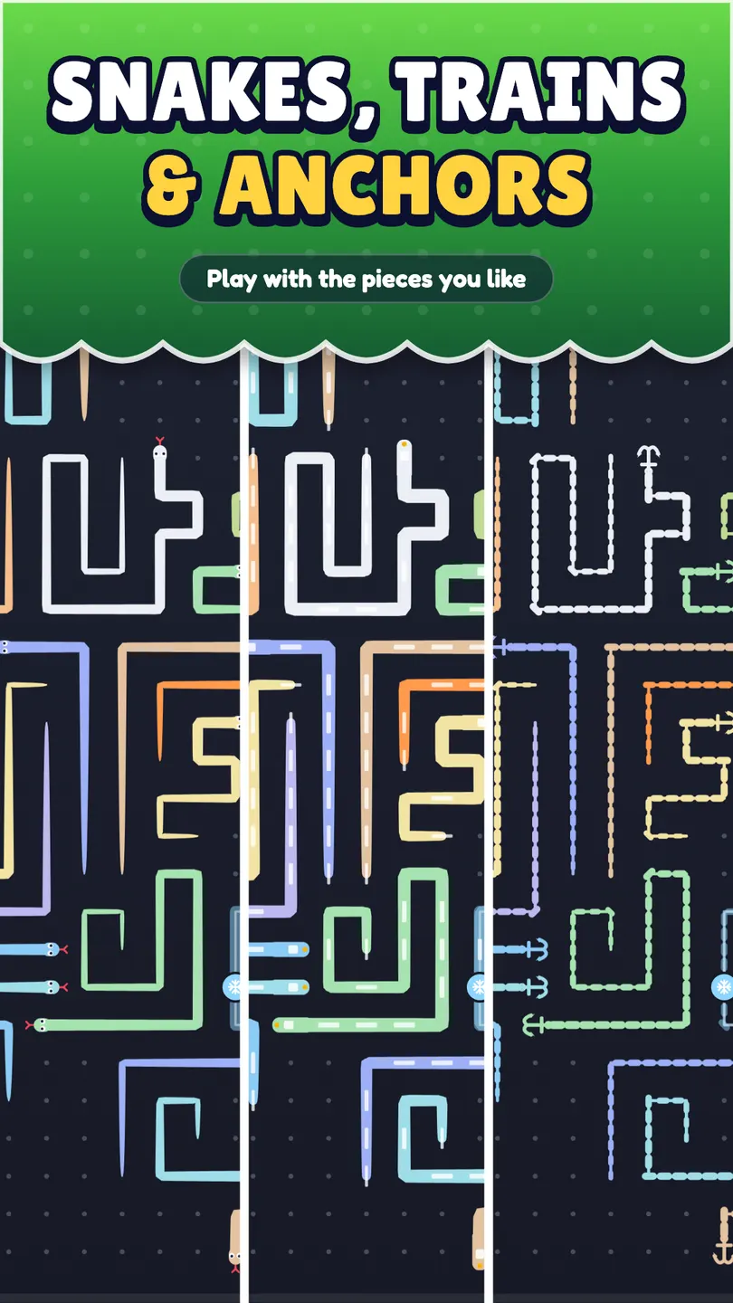 Arrow Rush: snakes, trains and anchors, the same board in each piece set