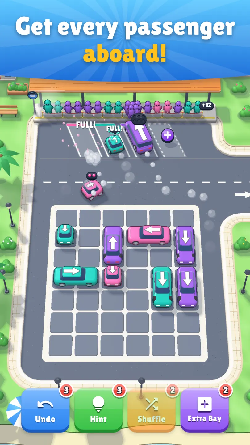 Cars to Rockets: get every passenger aboard. Cars board the passengers of their color at the bays of a Car Jam level