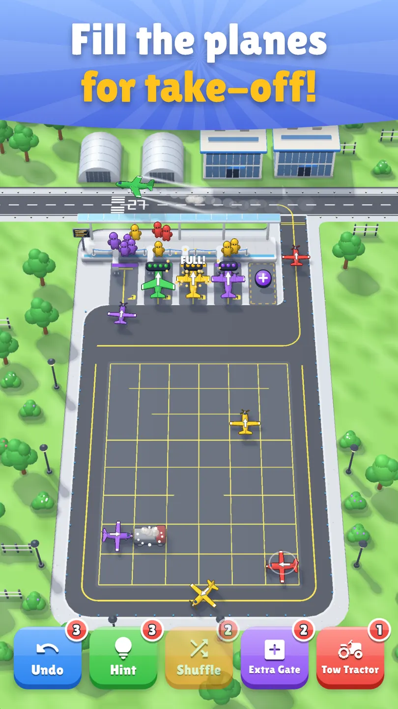 Cars to Rockets: fill the planes for take-off. A plane lifts off the runway while the next ones board at the gates