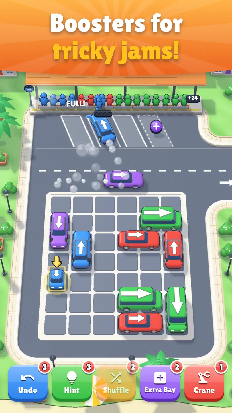 Cars to Rockets: boosters for tricky jams. A hint glows over a car above the booster bar