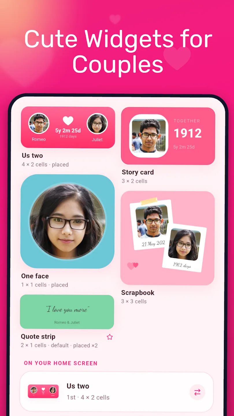 The Couple Widgets gallery, showing saved designs at their real cell spans with placement badges