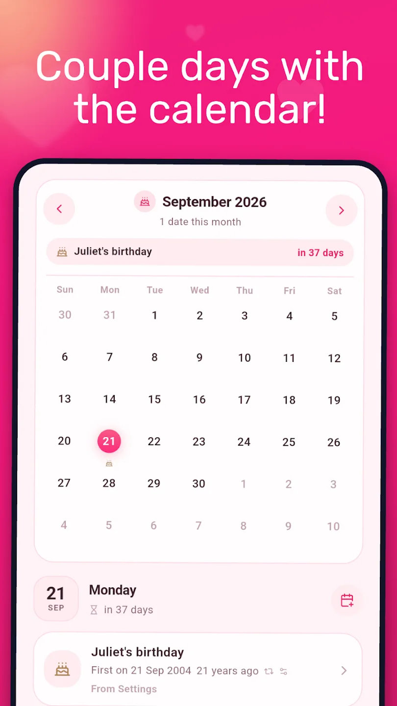 The Couple Widgets calendar, showing a birthday marked in September with a countdown
