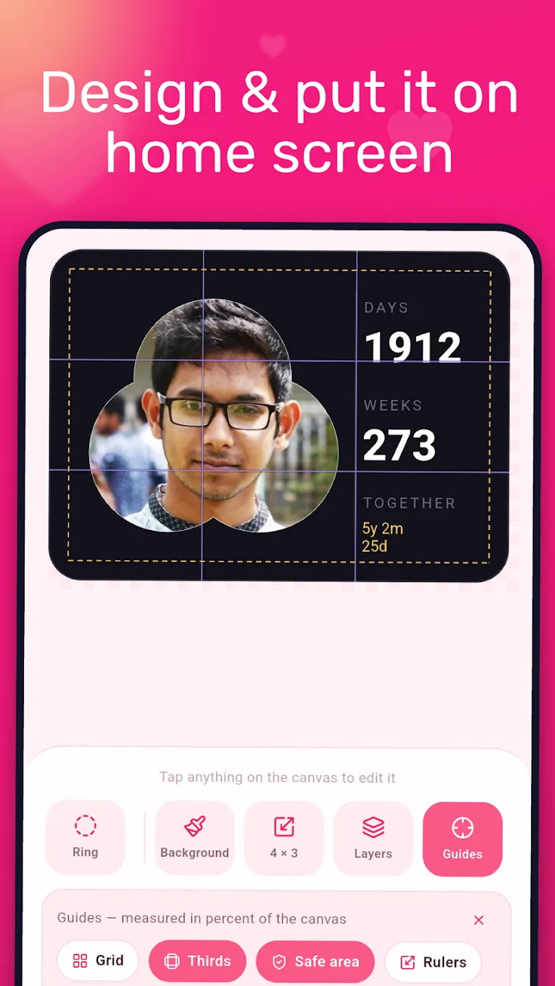 The Couple Widgets design canvas, showing grid guides, thirds, a safe area and the layer controls