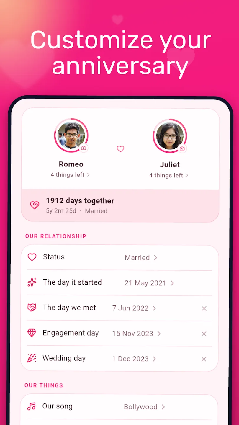 The Couple Widgets relationship screen, showing status, the day it started, the day we met, engagement day and wedding day