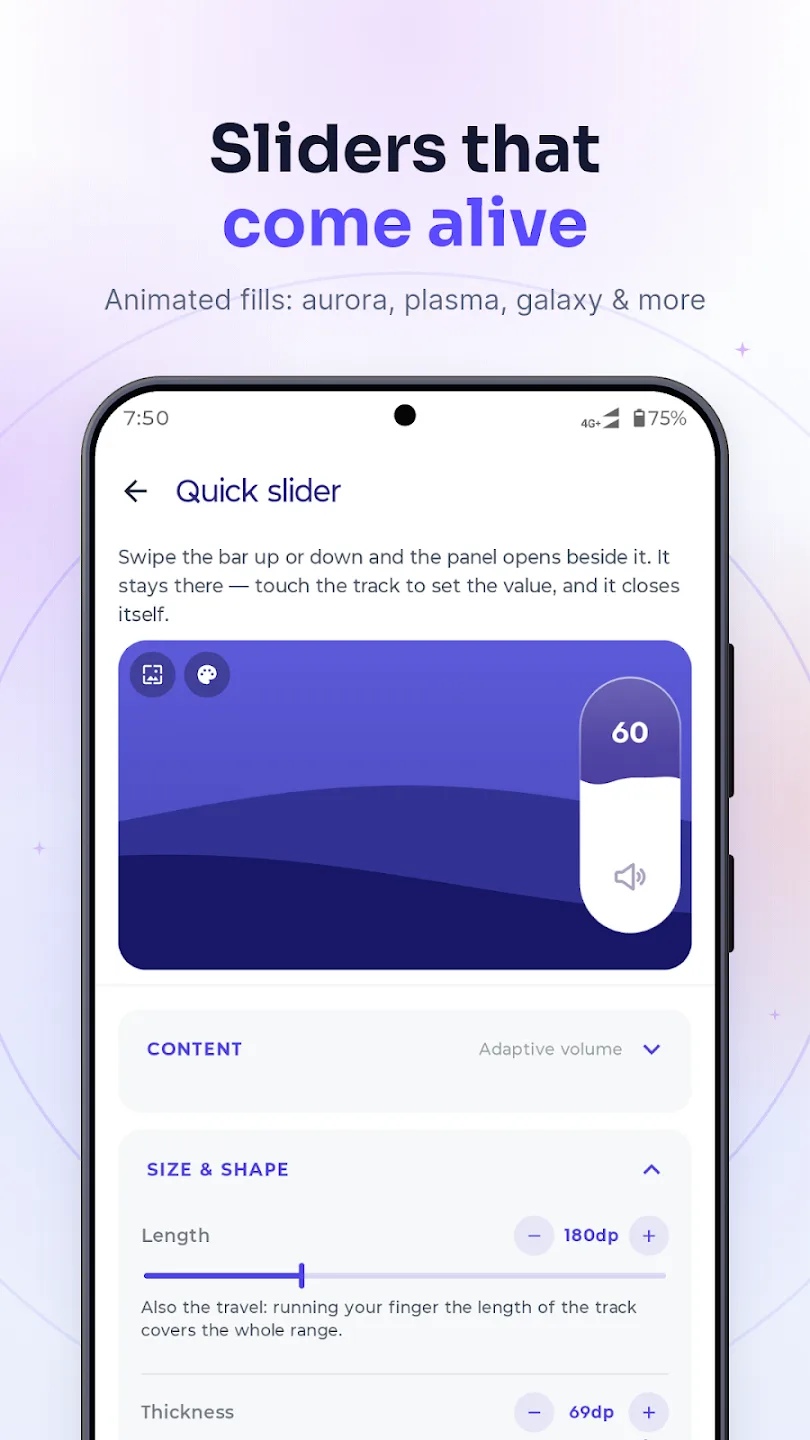 The Quick panel settings screen in Gesture Volume, showing a live preview and size controls