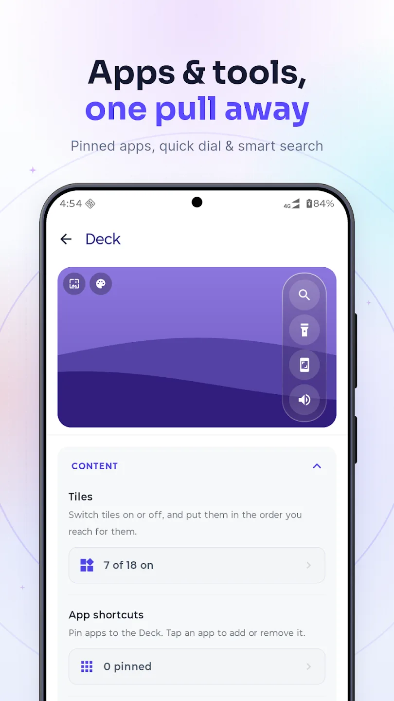 The Deck settings screen in Gesture Volume, showing tiles and pinned app shortcuts