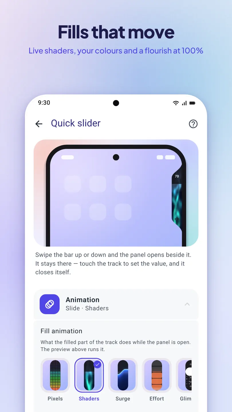 Fills that move: live shaders, your colours and a flourish at 100%