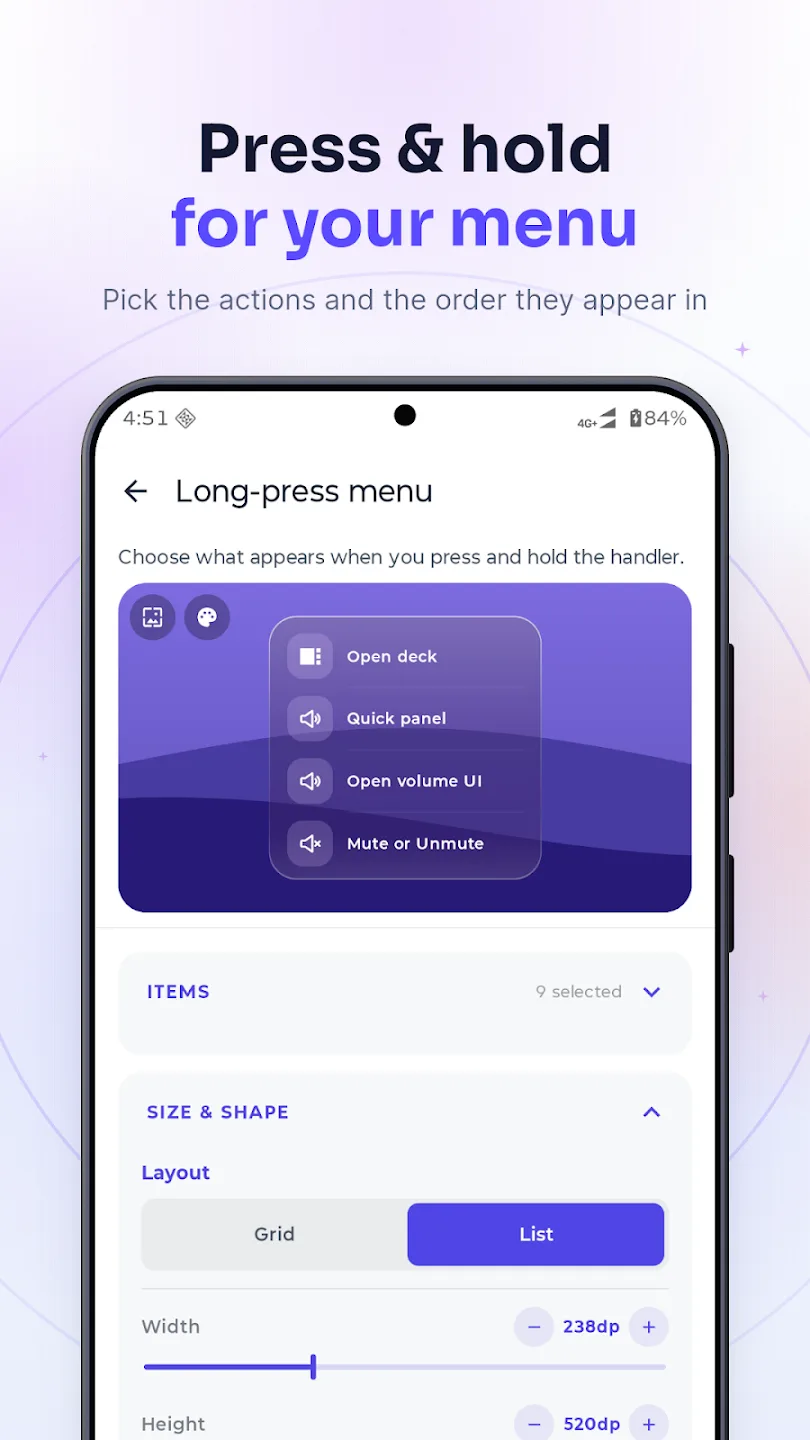 The long-press menu settings screen in Gesture Volume, with a live preview and a grid-or-list layout switch