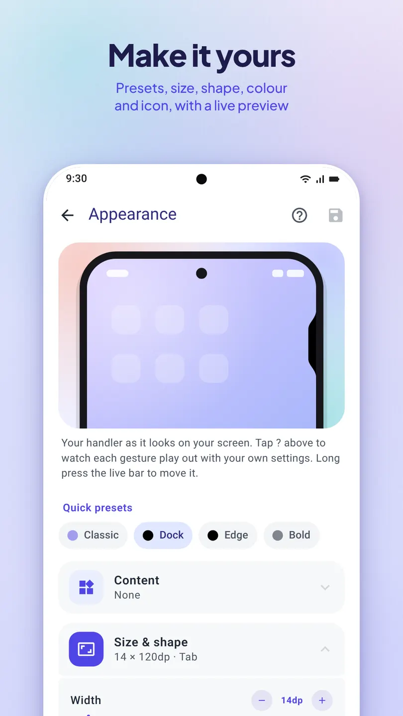 Make it yours: presets, size, shape, colour and icon, with a live preview