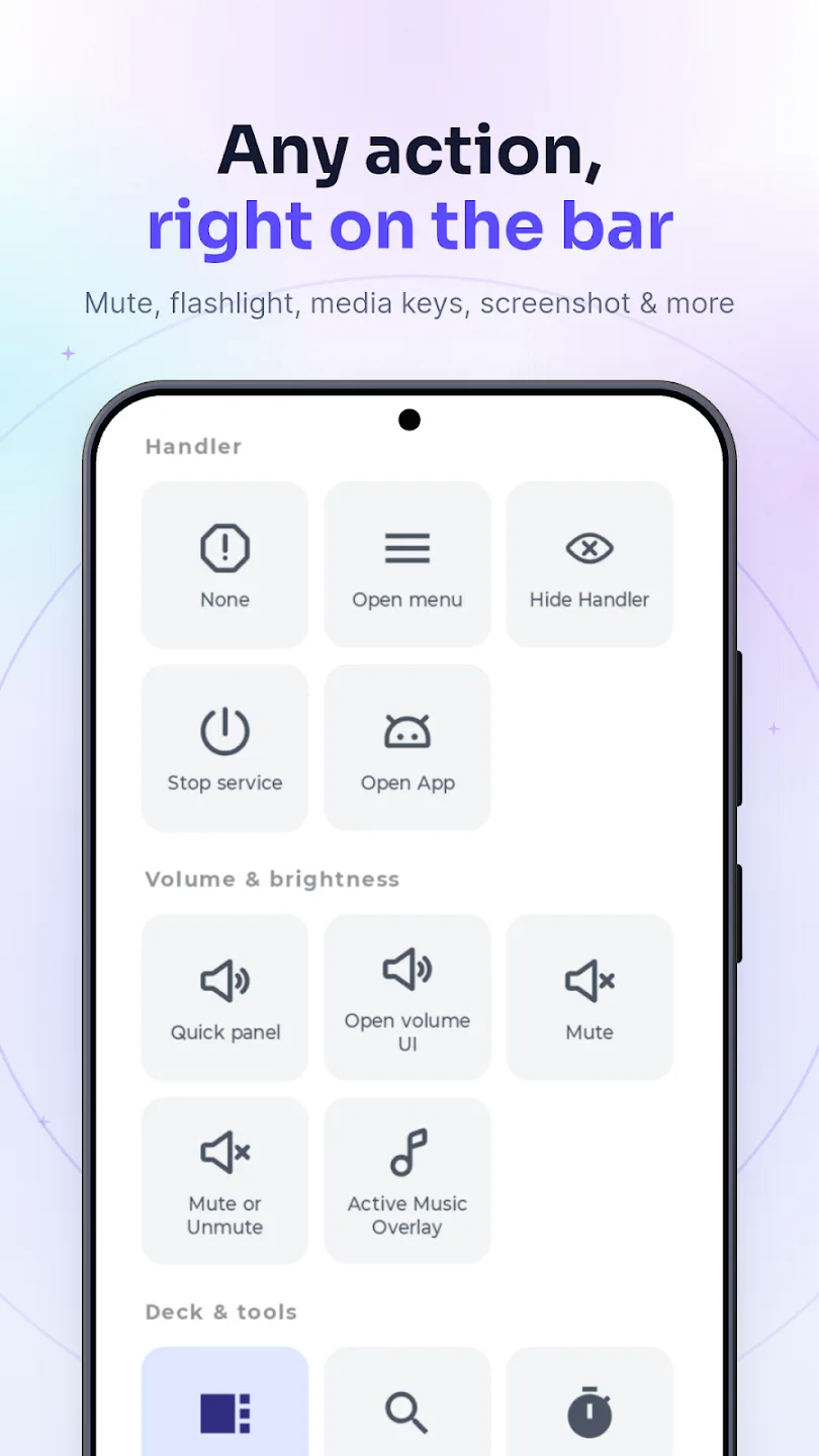 The action picker in Gesture Volume, grouped into Handler, Volume and brightness, and Deck and tools