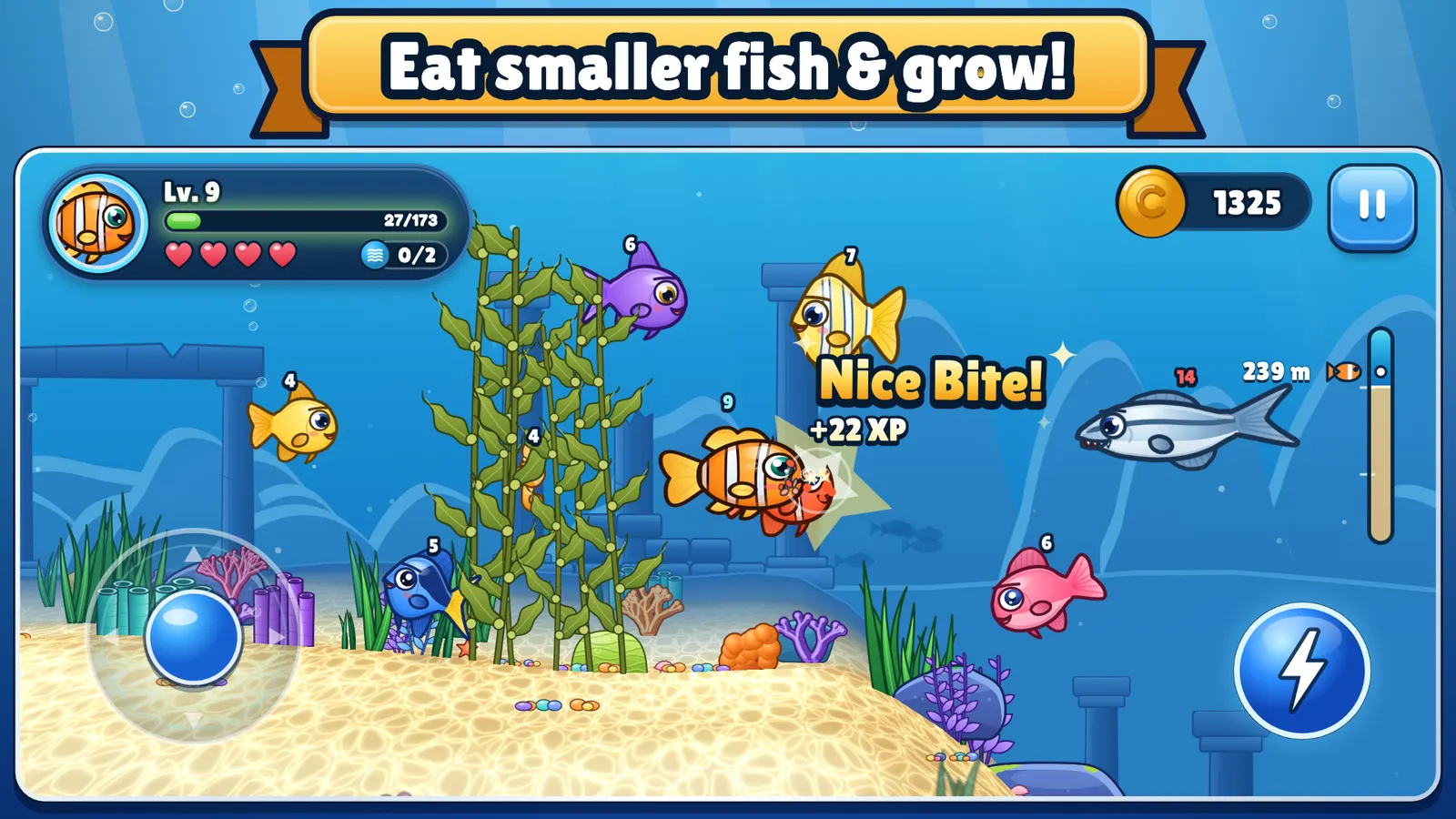 Hungry Fish: eat smaller fish and grow. A clownfish takes a big bite on the Coral Reef, smaller fish all round and a barracuda nearby