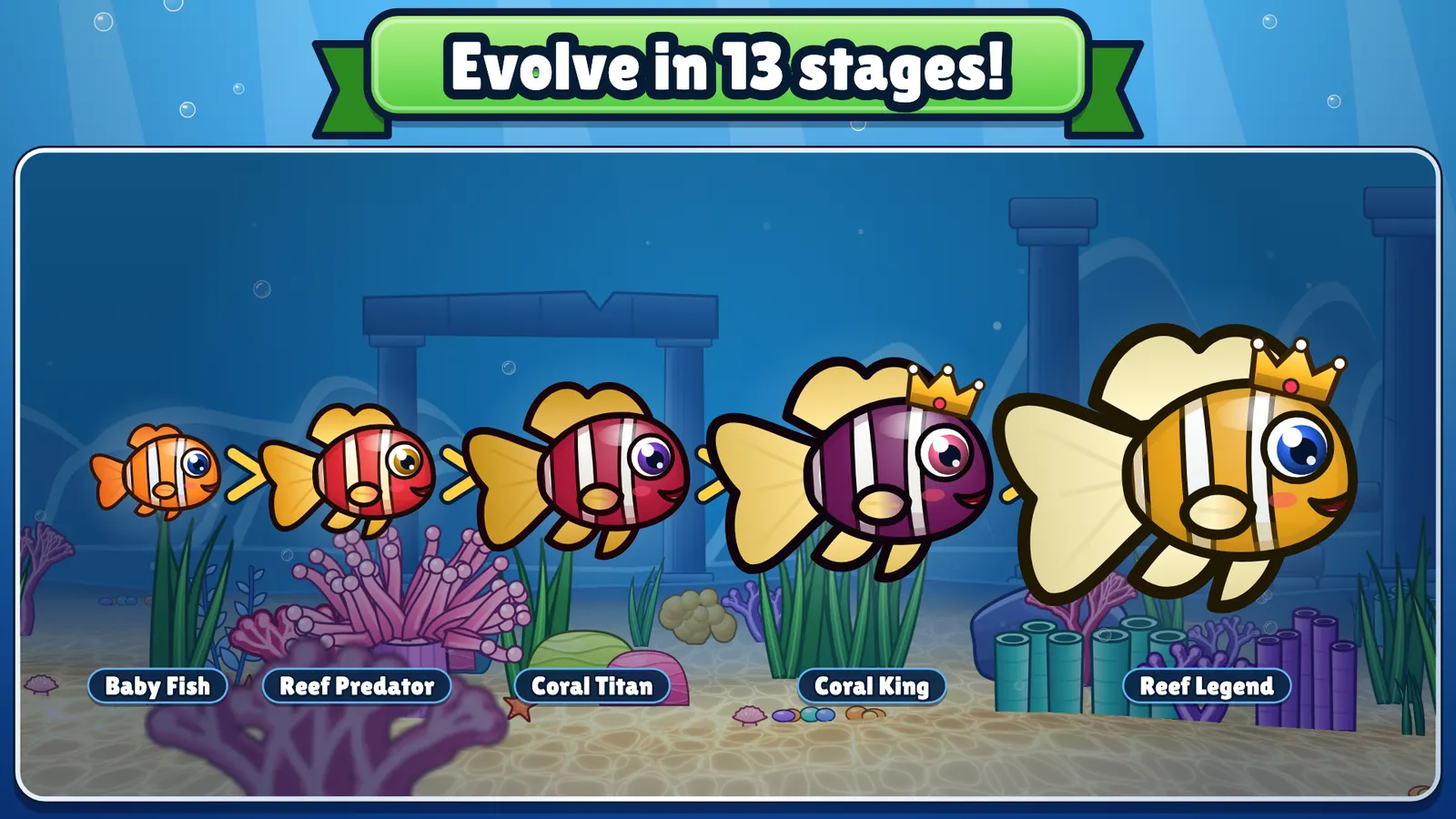 Hungry Fish: evolve in 13 stages, from the Baby Fish to the crowned Reef Legend