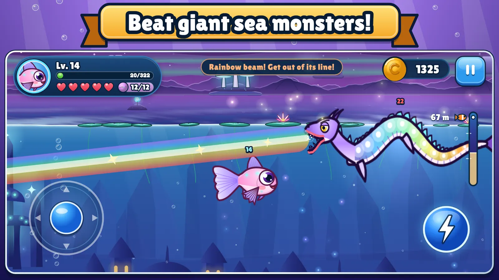 Hungry Fish: beat giant sea monsters. The Prism Serpent fires its rainbow beam in the Enchanted Sea
