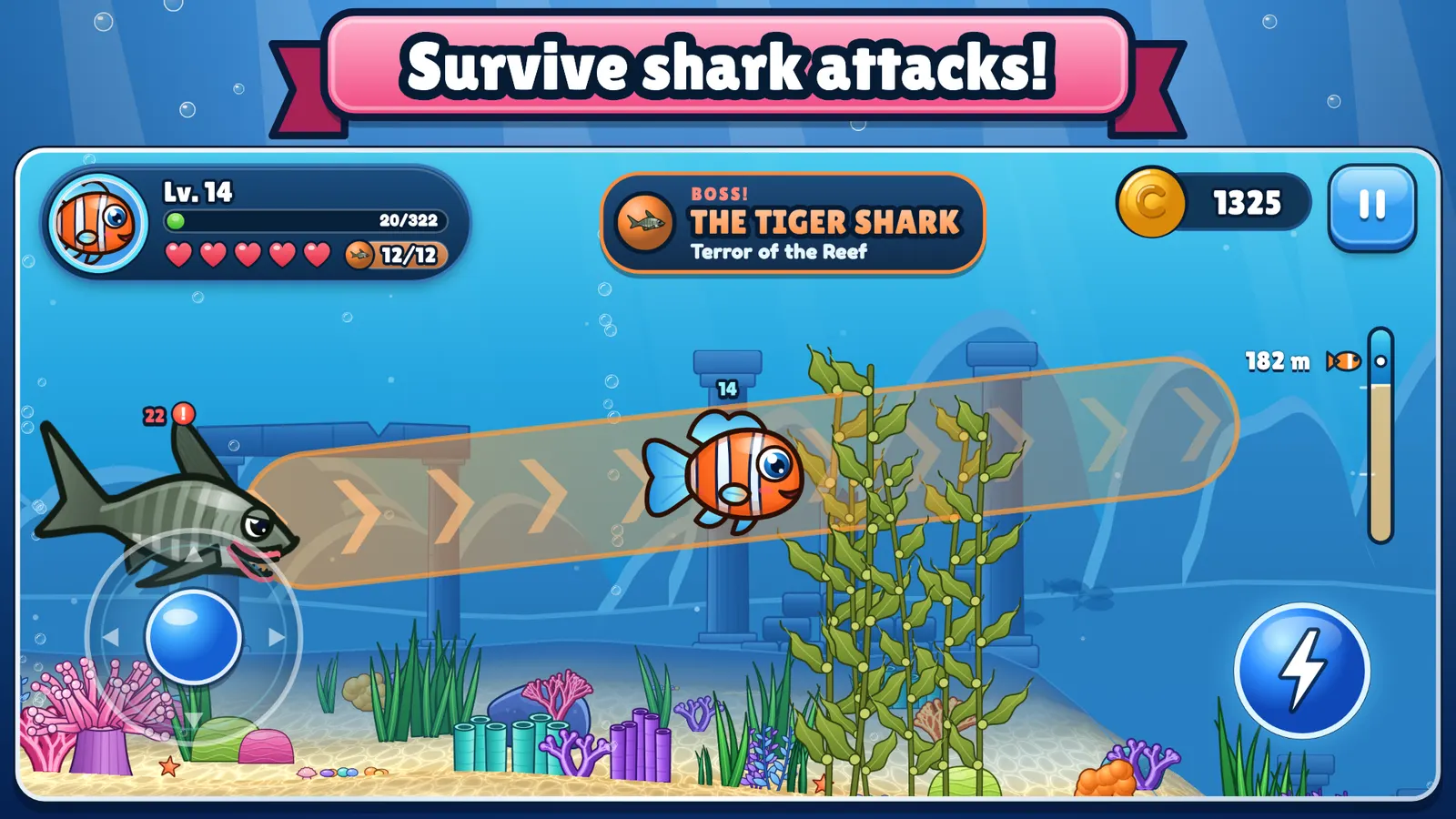 Hungry Fish: survive shark attacks. The Tiger Shark takes aim, the lane of its charge shown