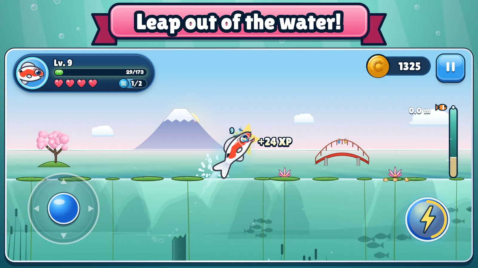 Hungry Fish: leap out of the water. A koi snatches a dragonfly over the Koi Pond, Mt. Fuji behind