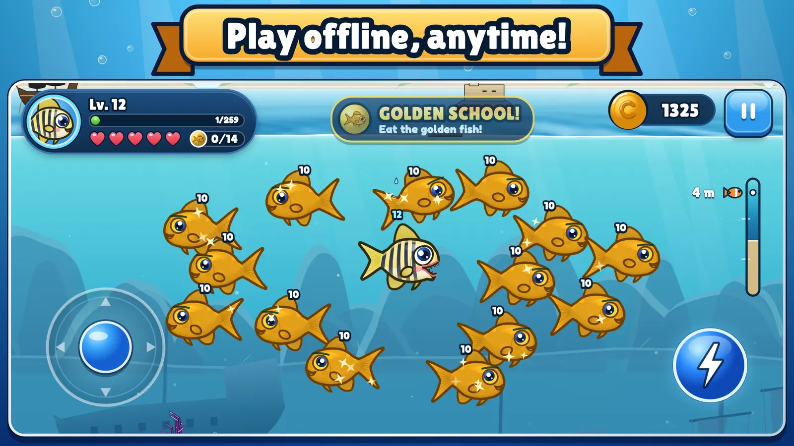 Hungry Fish: play offline, anytime. A golden school glitters all round the fish in Shipwreck Bay