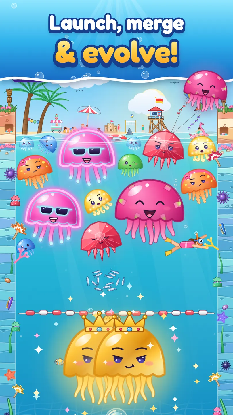 JellyVerse: launch, merge and evolve. Two Legendary jellyfish about to merge in the Summer Lagoon