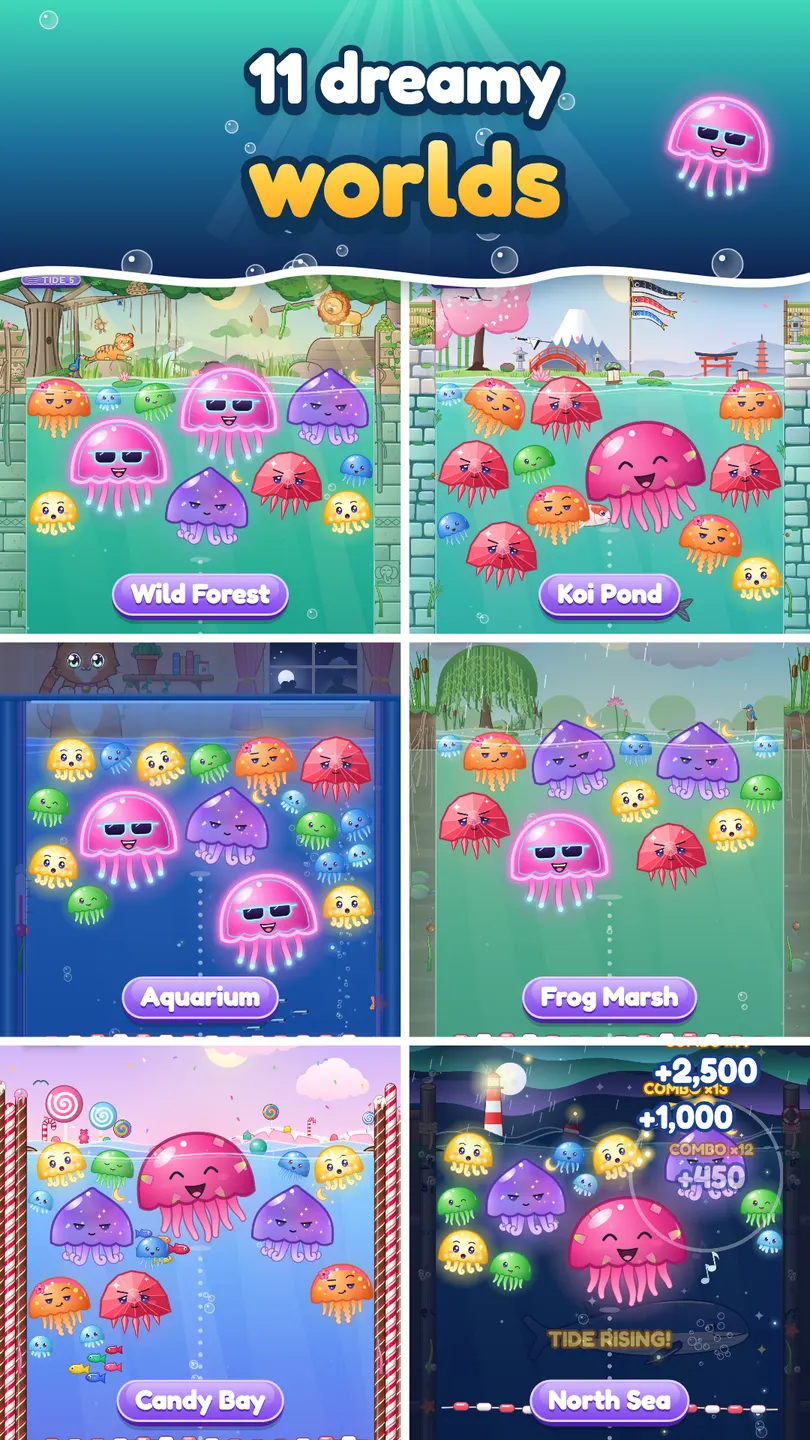 JellyVerse: 11 dreamy worlds, among them the Wild Forest, the Koi Pond, the Aquarium, the Frog Marsh, Candy Bay and the North Sea