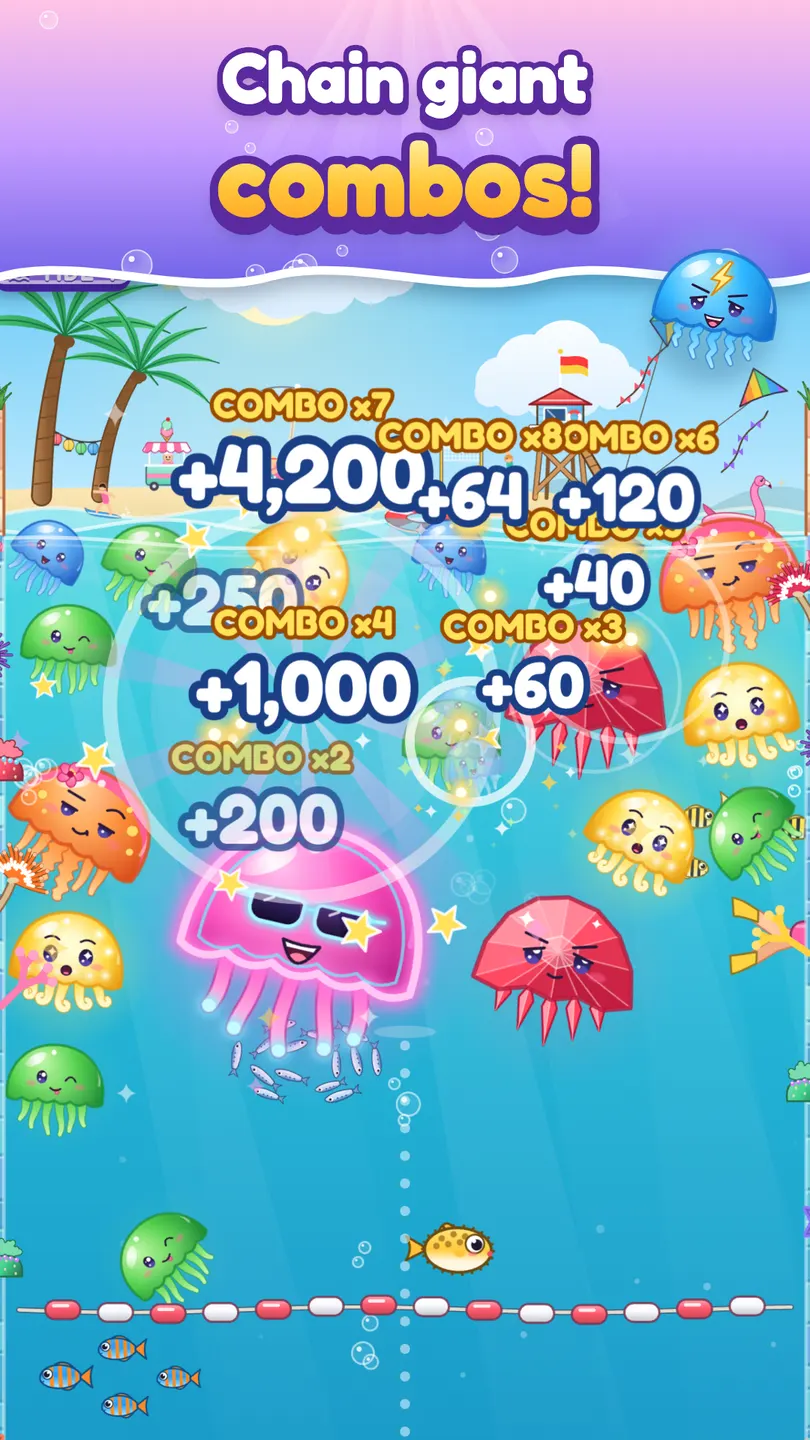 JellyVerse: chain giant combos, with combo scores popping across the lagoon