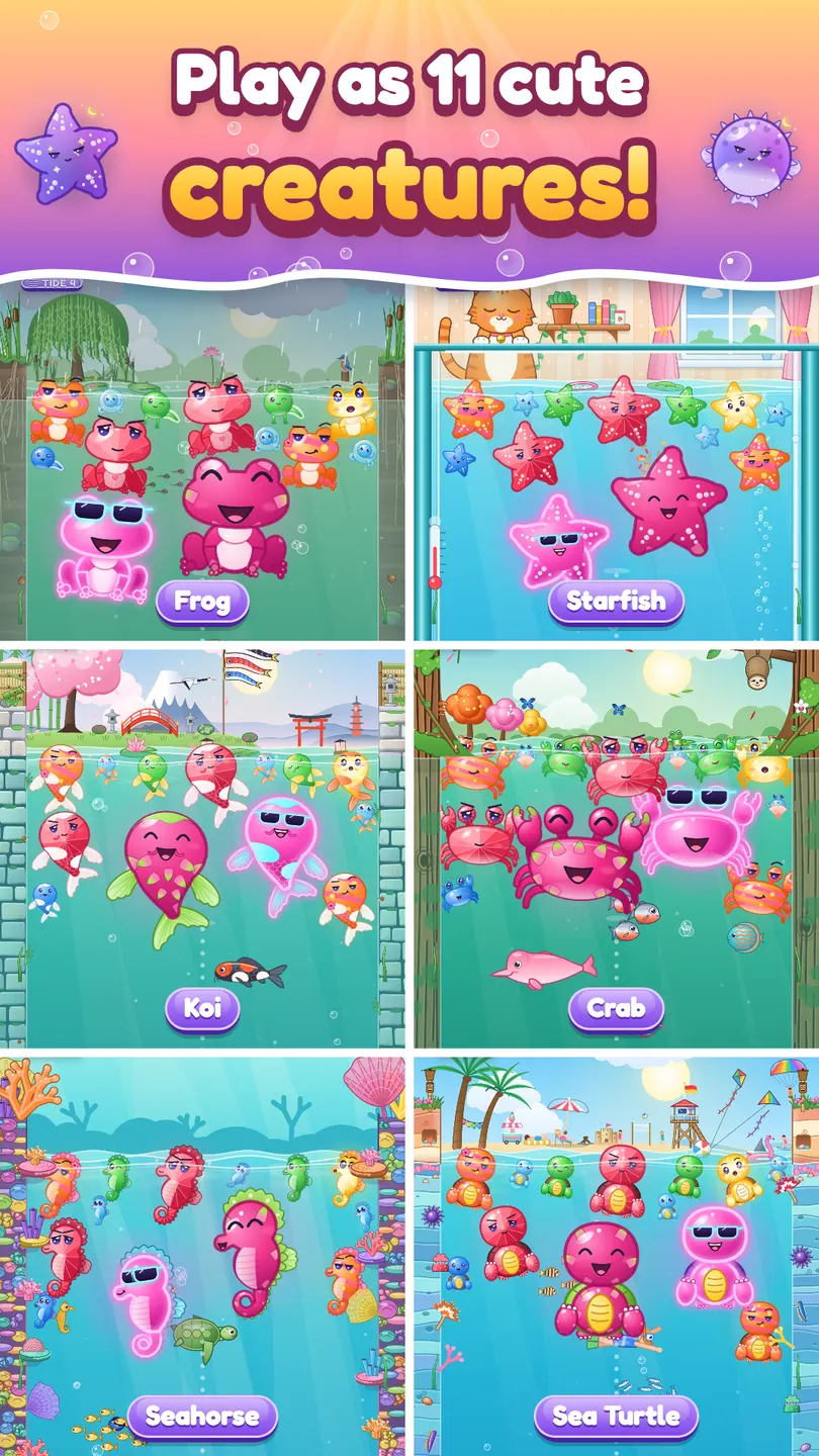 JellyVerse: play as 11 cute creatures, among them frogs, starfish, koi, crabs, seahorses and sea turtles