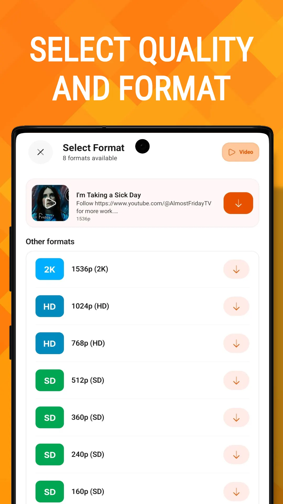 The Media Saver format chooser, listing a video in 2K, HD and several SD resolutions