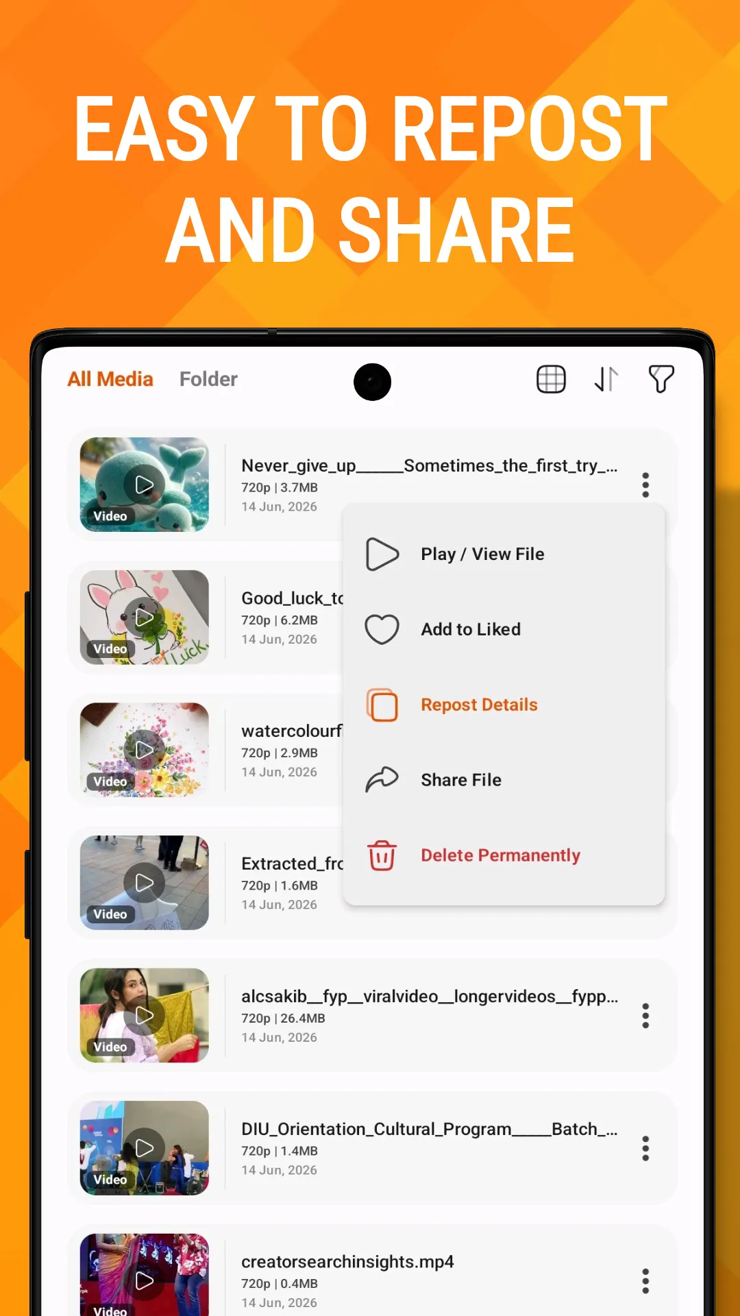 The Media Saver gallery listing downloaded videos with resolution and file size, and a menu to play, like, repost, share or delete
