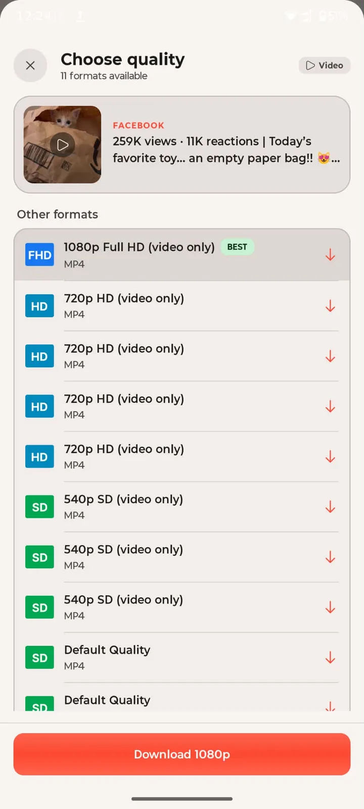 Media Saver's Choose quality sheet: a Facebook source card, a list of MP4 formats from 1080p Full HD down to Default Quality, and a Download 1080p button