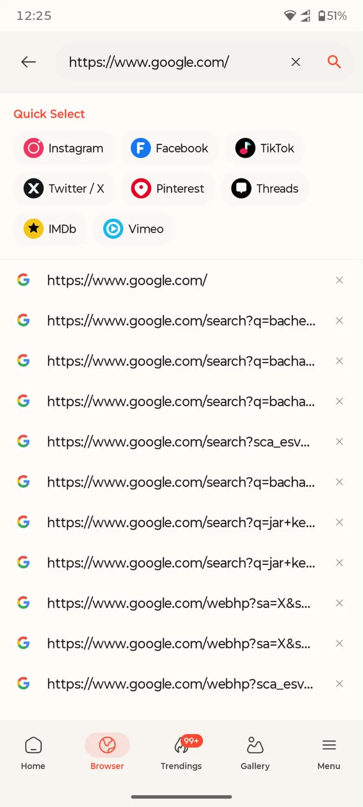 Media Saver's Browser tab with an address bar, Quick Select chips for each platform, and recent history