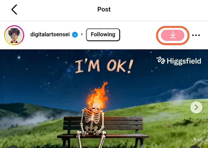 The download button over a post in InSaver's in-app browser